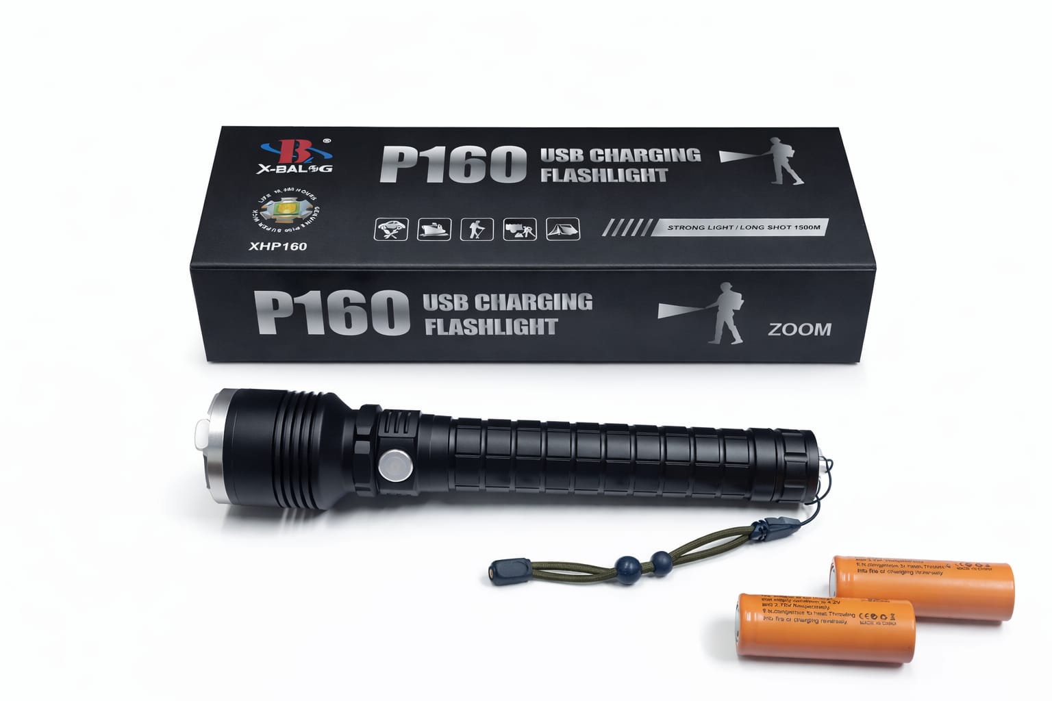 USB-Lade-Taschenlampe P160 mit Akkus und Zoom-Fokus